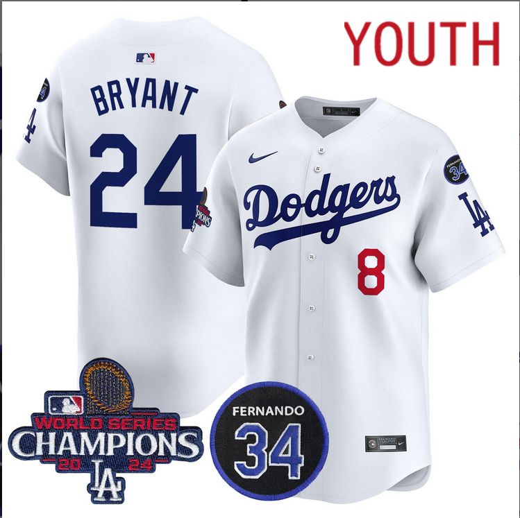 Youth  MLB Los Angeles Dodgers #24 Bryant white 2024 World Series Champions Patch Limited Jersey->youth mlb jersey->Youth Jersey